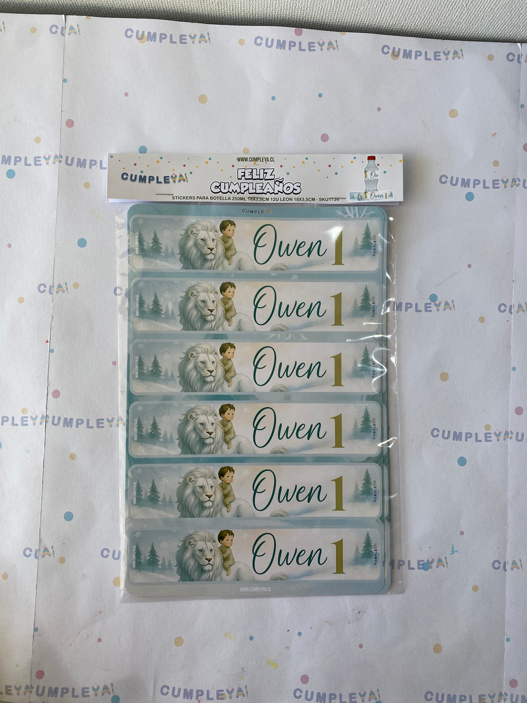 STICKER LEON PARA BOTELLA 250ML 18X3, 5CM SET 12U TEMÁTICO