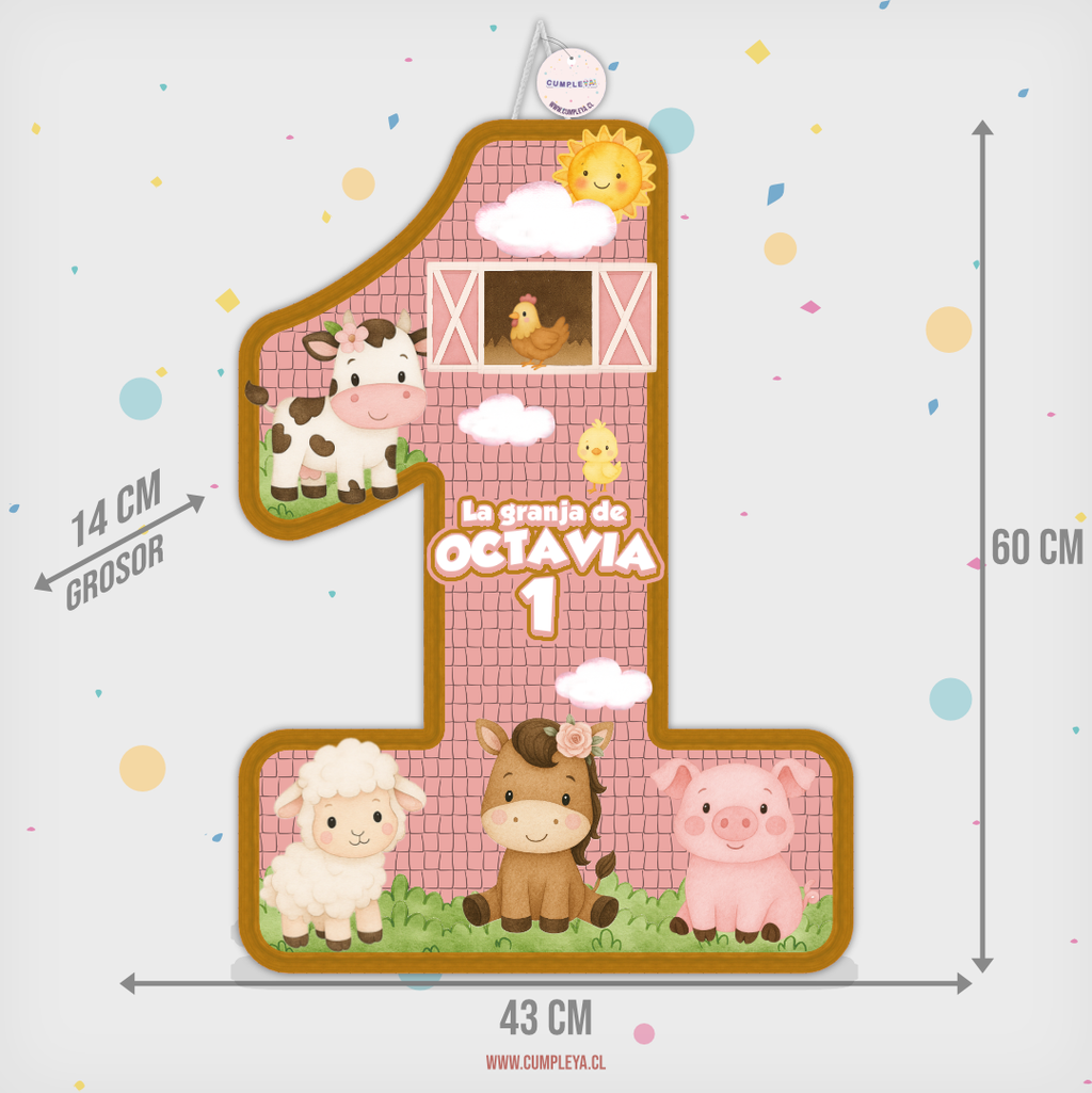 PIÑATA NUMERO 1 GRANJITA ROSADA Y ANIMALITOS 60CM PREMIUM