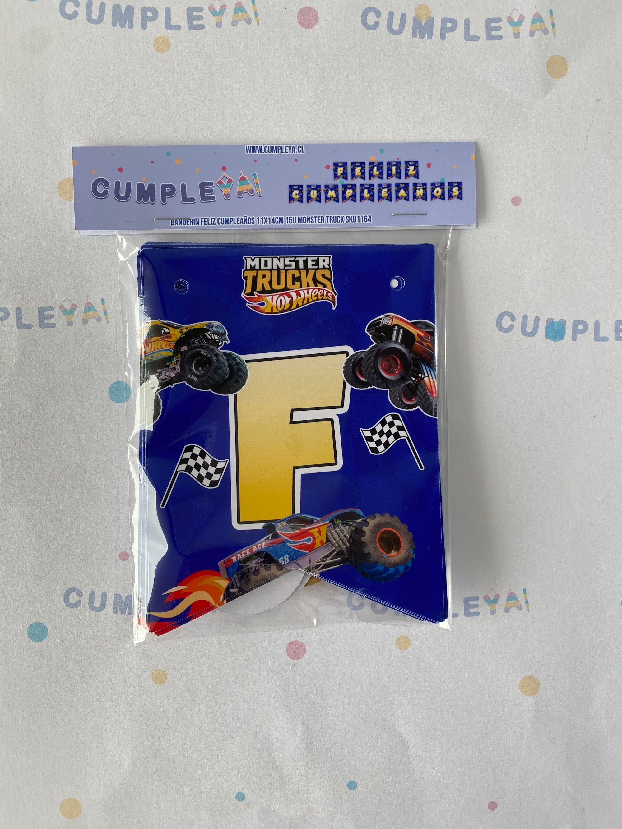BANDERIN MONSTER TRUCK FELIZ CUMPLEAÑOS 11X14CM 15U