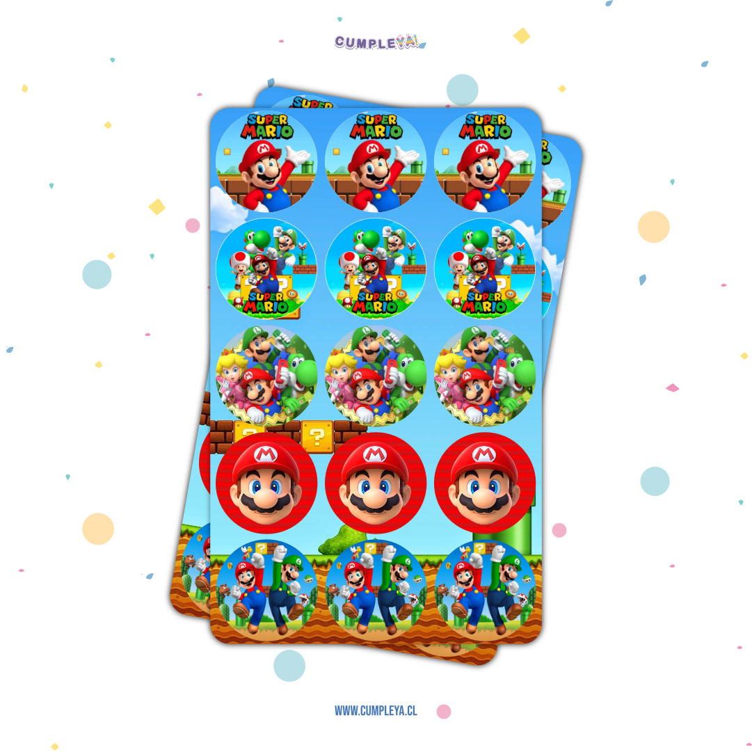 30 STICKER CIRCULARES 5 X 5 CM SUPER MARIO BROS