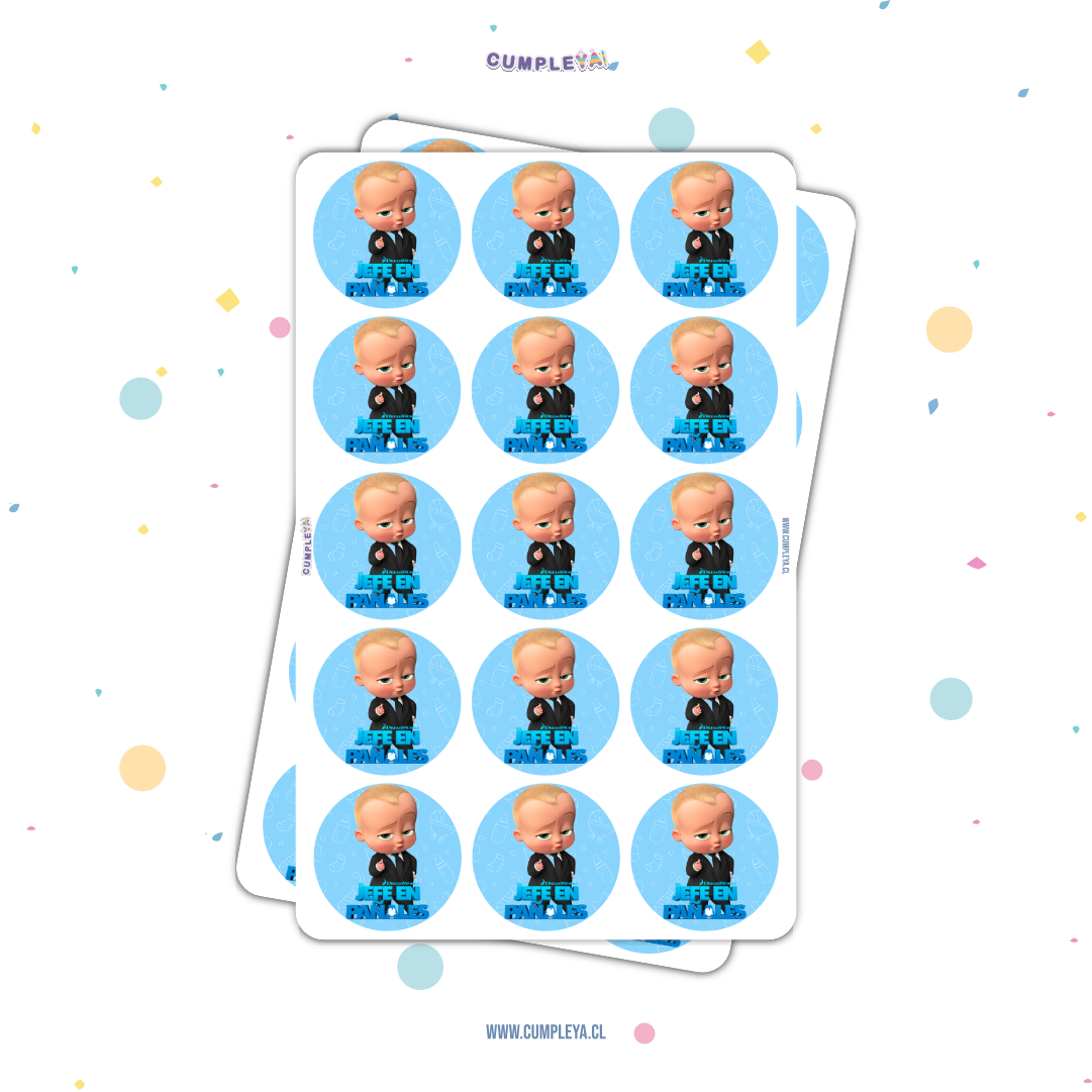 30 STICKER CIRCULARES 5 X 5 CM JEFE EN PAÑALES