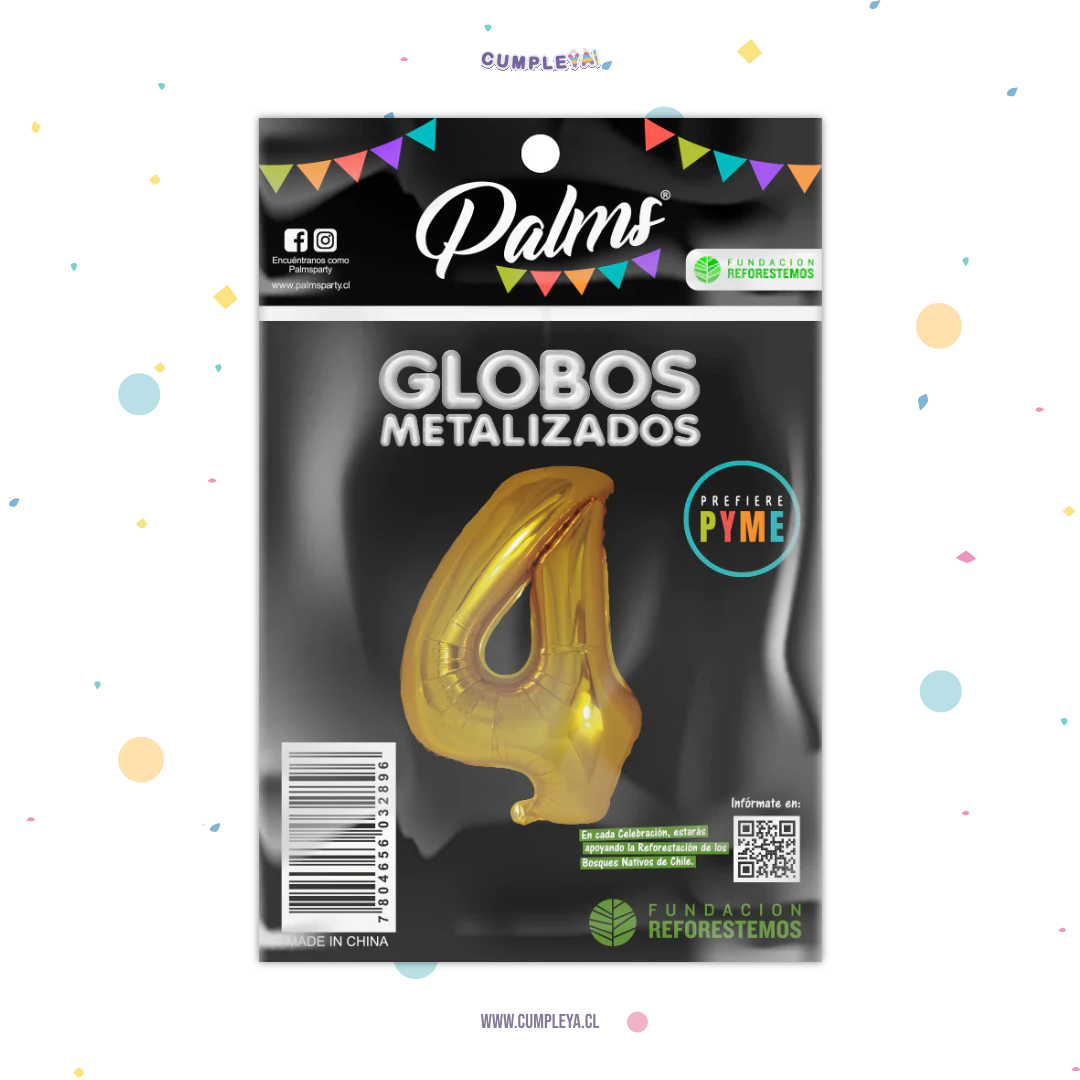 GLOBO NUMERO 4 80CM DORADO METALIZADO