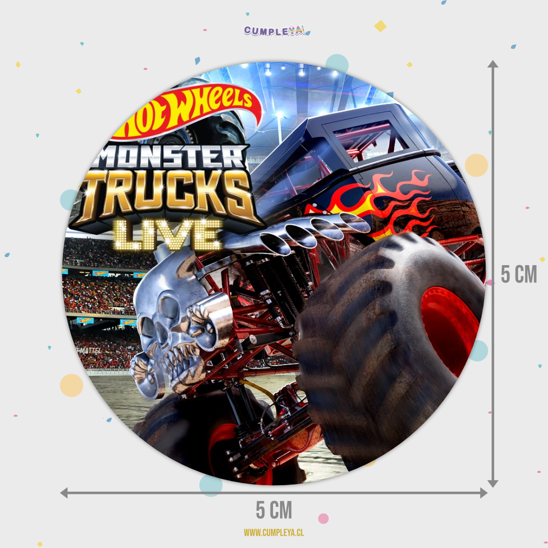 30 STICKER CIRCULARES 5 X 5 CM MONSTER TRUCK