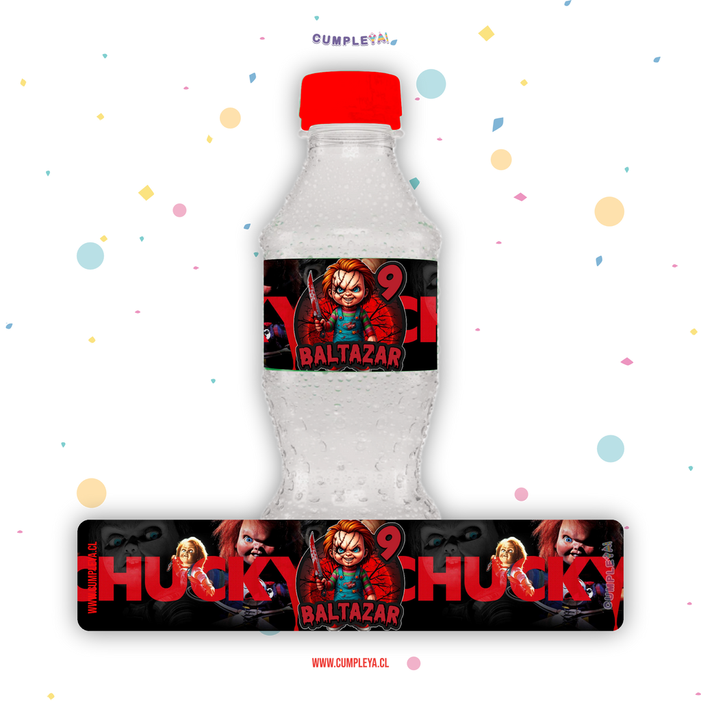 STICKER CHUKY PARA BOTELLA 250ML 18X3, 5CM SET 12U TEMÁTICO