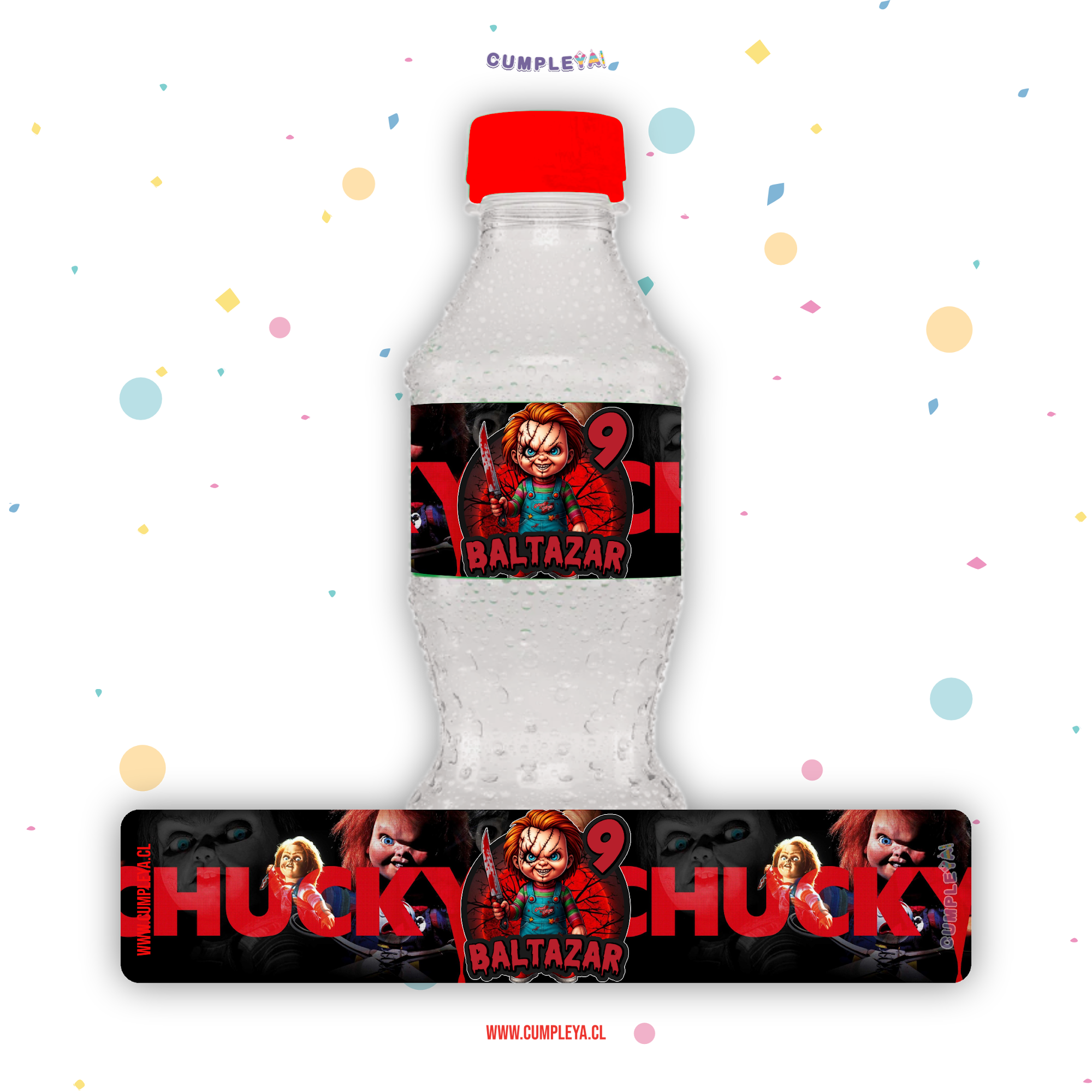 STICKER CHUKY PARA BOTELLA 250ML 18X3, 5CM SET 12U TEMÁTICO