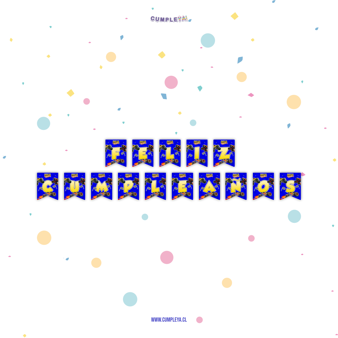 BANDERIN MONSTER TRUCK FELIZ CUMPLEAÑOS 11X14CM 15U