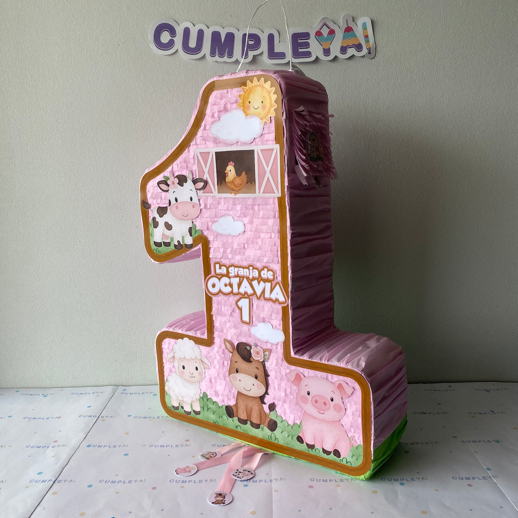 PIÑATA NUMERO 1 GRANJITA ROSADA Y ANIMALITOS 60CM PREMIUM
