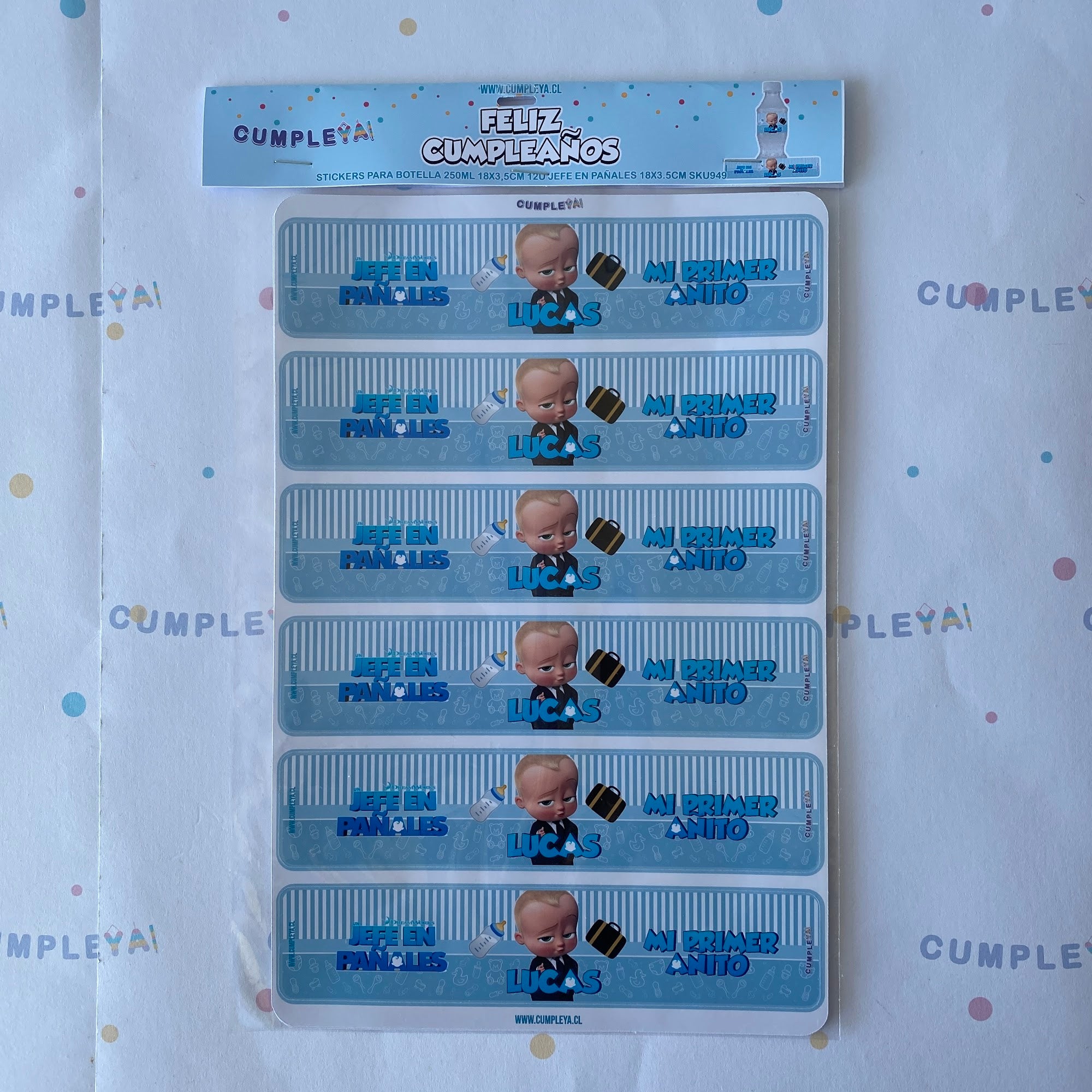 STICKER JEFE EN PAÑALES PARA BOTELLA 250ML 18X3, 5CM SET 12U TEMÁTICO