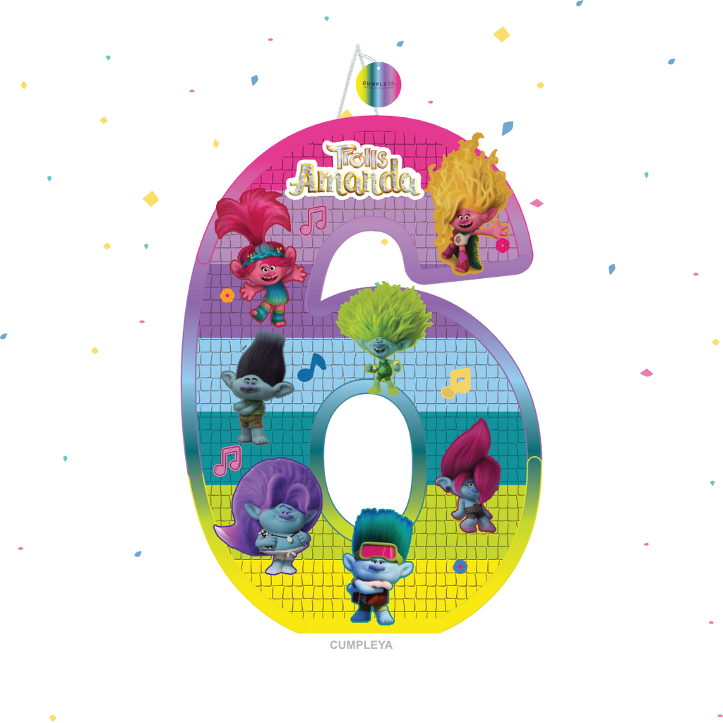 PIÑATA NÚMERO 6 DE TROLLS 40CM PREMIUM