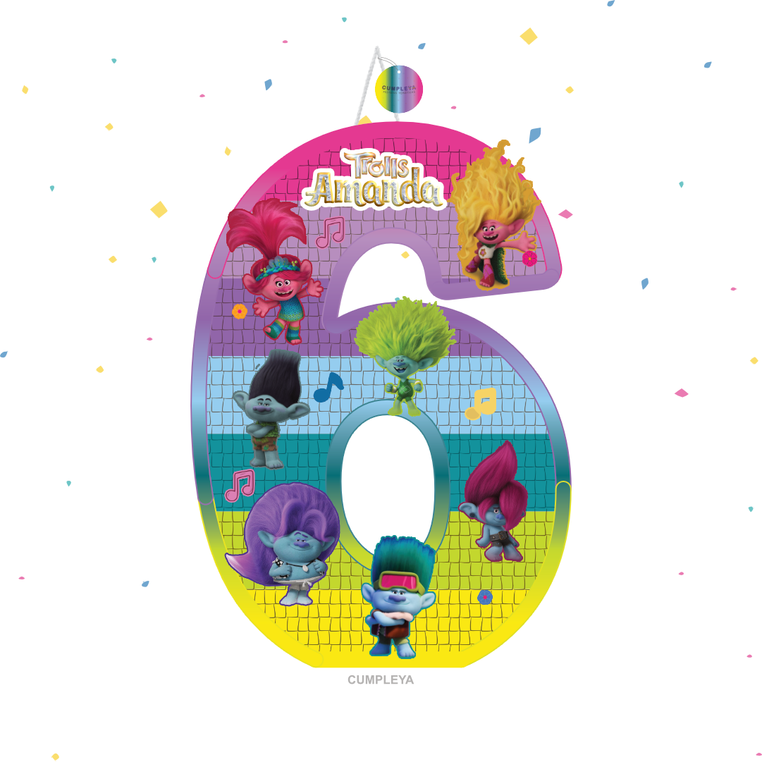 PIÑATA NÚMERO 6 DE TROLLS 40CM PREMIUM