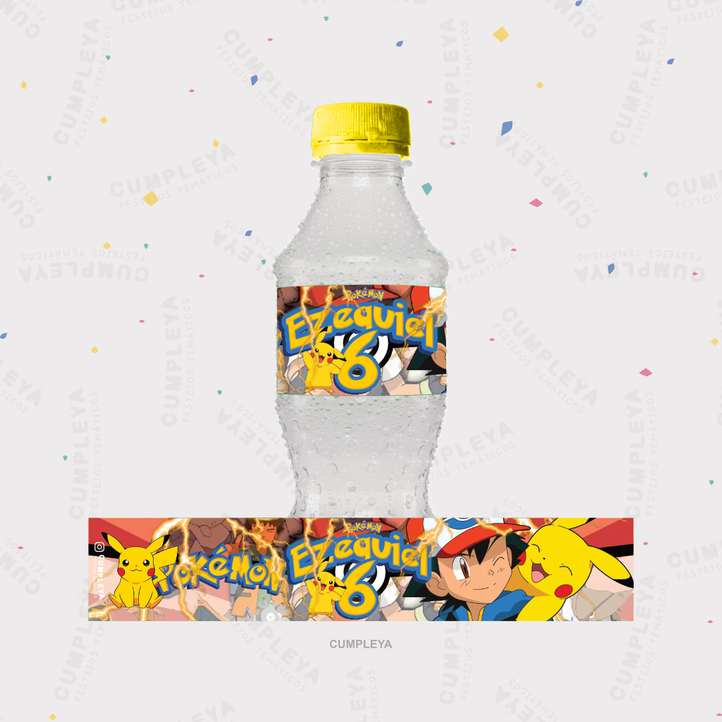 STICKER PIKACHU PARA BOTELLA 250ML 18X3, 5CM SET 12U TEMÁTICO