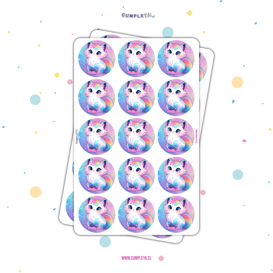 30 STICKER CIRCULARES 5 X 5 CM GATITO ARCOIRIS