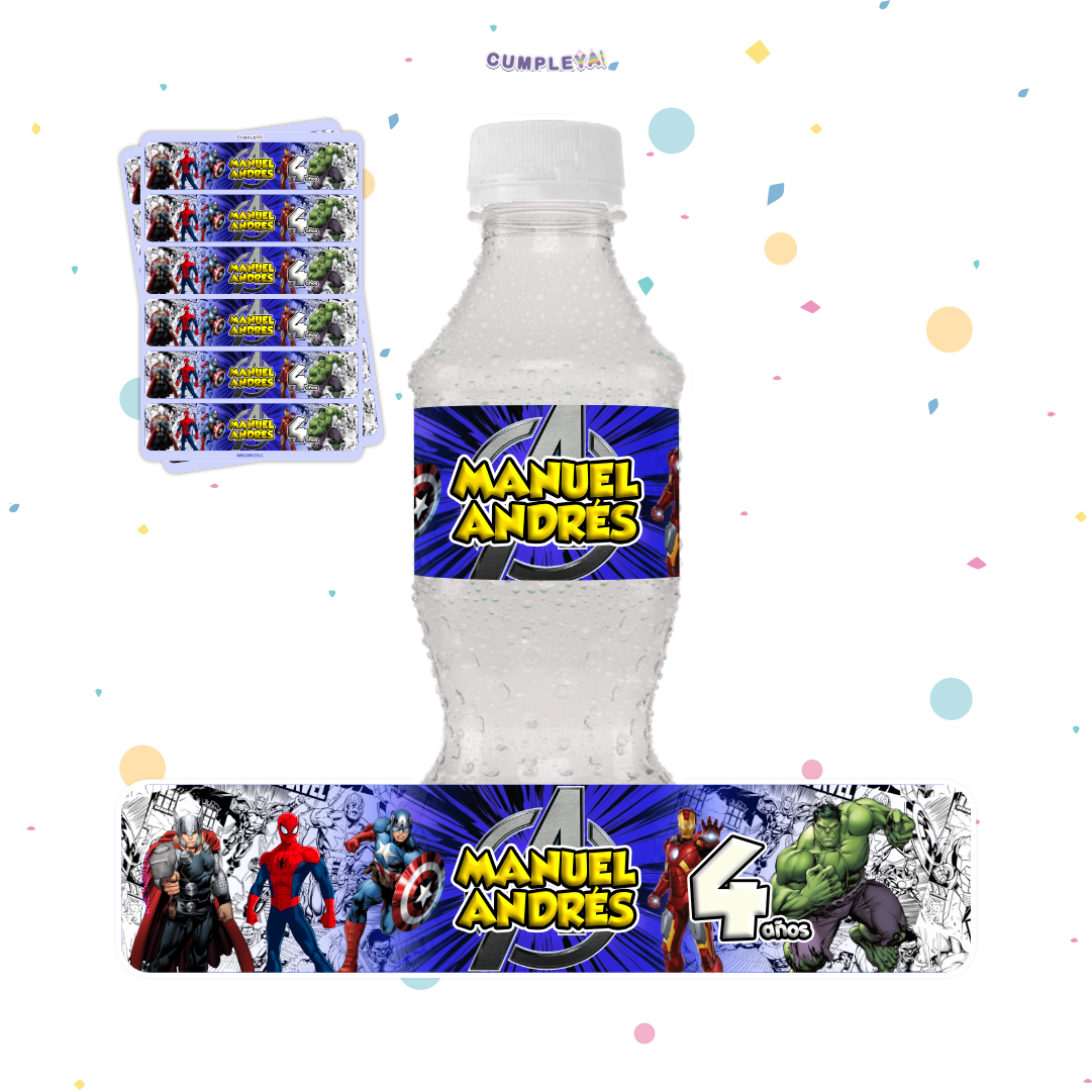 STICKER LOS VENGADORES PARA BOTELLA 250ML 18X3, 5CM SET 12U TEMÁTICO