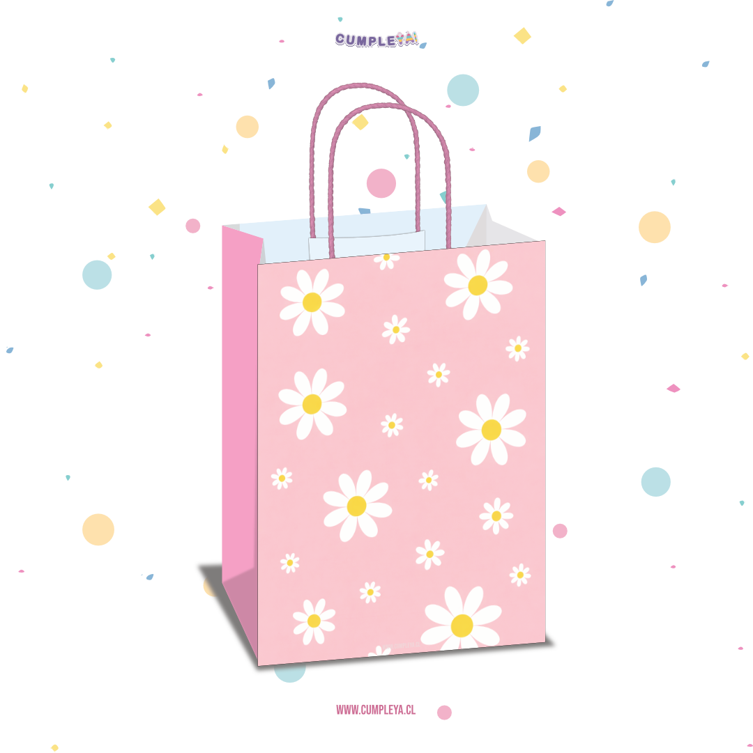 BOLSA SORPRESA 16 × 21 × 8 CM MARGARITAS FONDO ROSA