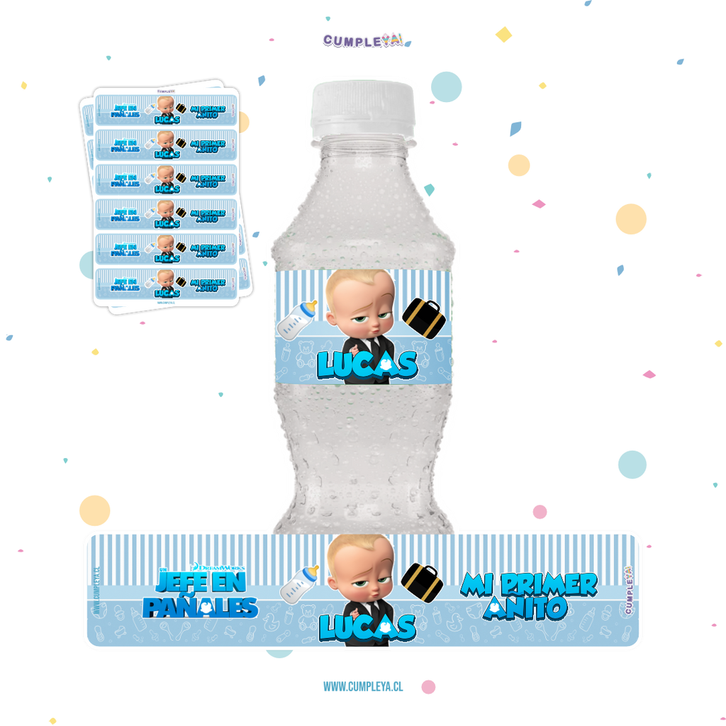 STICKER JEFE EN PAÑALES PARA BOTELLA 250ML 18X3, 5CM SET 12U TEMÁTICO