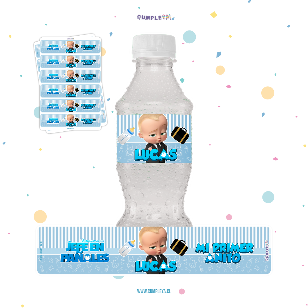 STICKER JEFE EN PAÑALES PARA BOTELLA 250ML 18X3, 5CM SET 12U TEMÁTICO