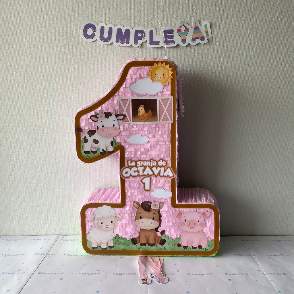 PIÑATA NUMERO 1 GRANJITA ROSADA Y ANIMALITOS 60CM PREMIUM