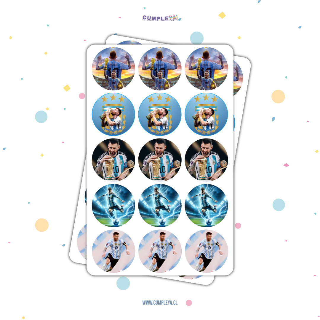 30 STICKER CIRCULARES 5 X 5 CM MESSI ARGENTINA