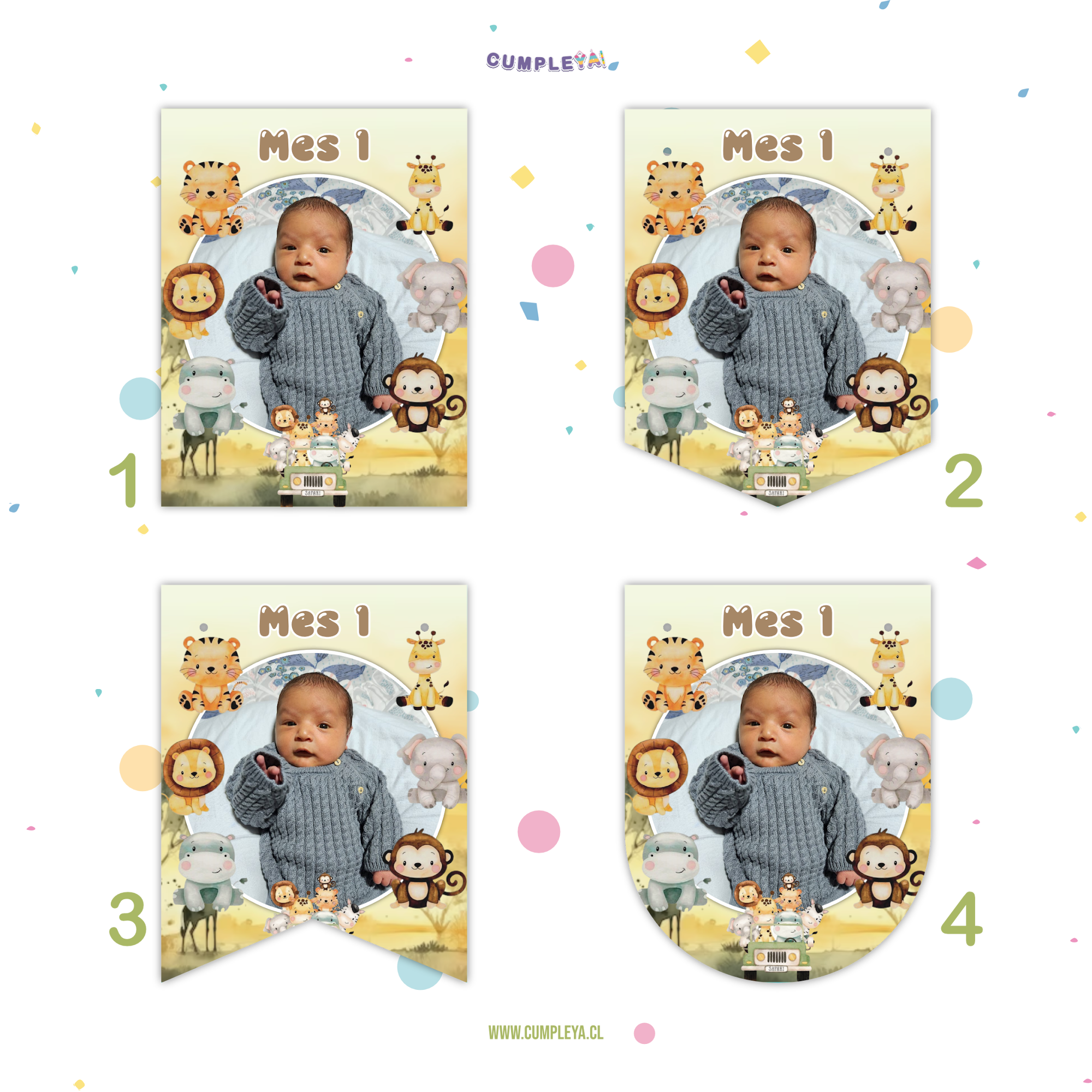 BANDERIN ANIMALITOS SAFARI BEBES DE FOTOGRAFÍA 12 MESES 11X14CM