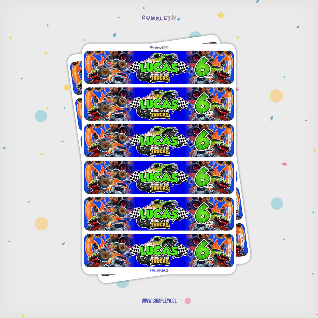 STICKER MONSTER TRUCK PARA BOTELLA 250ML 18X3, 5CM SET 12U