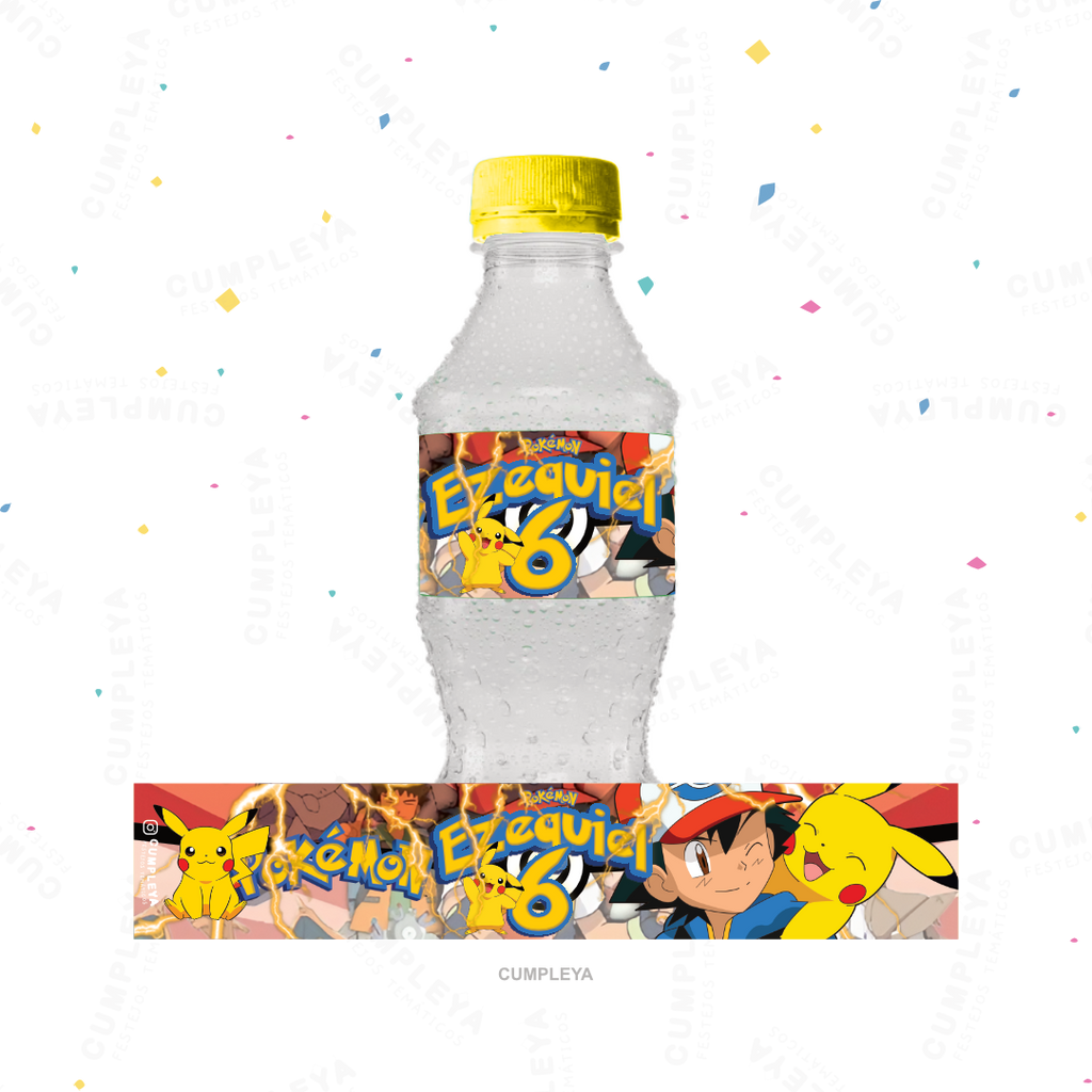 STICKER PIKACHU PARA BOTELLA 250ML 18X3, 5CM SET 12U TEMÁTICO