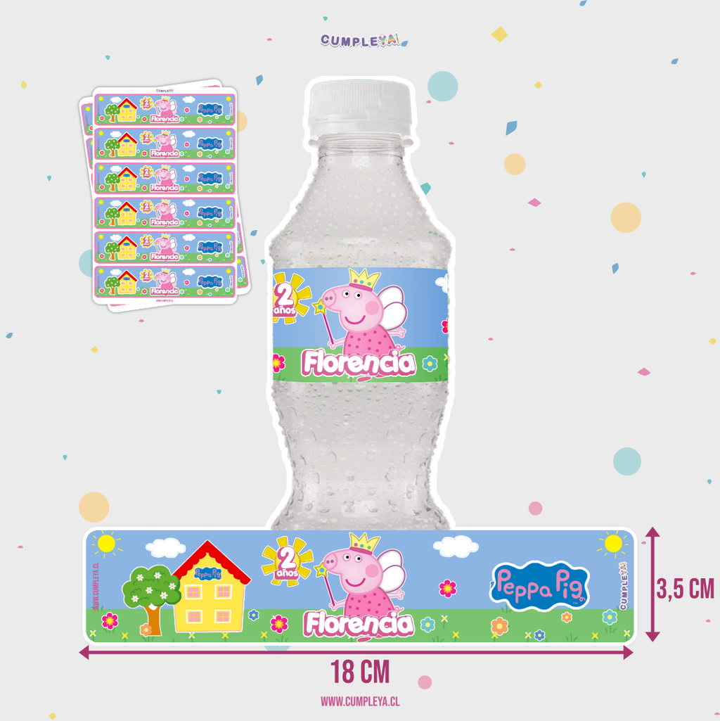 STICKER PEPPA PIG HADA PARA BOTELLA 250ML 18X3, 5CM SET 12U TEMÁTICO