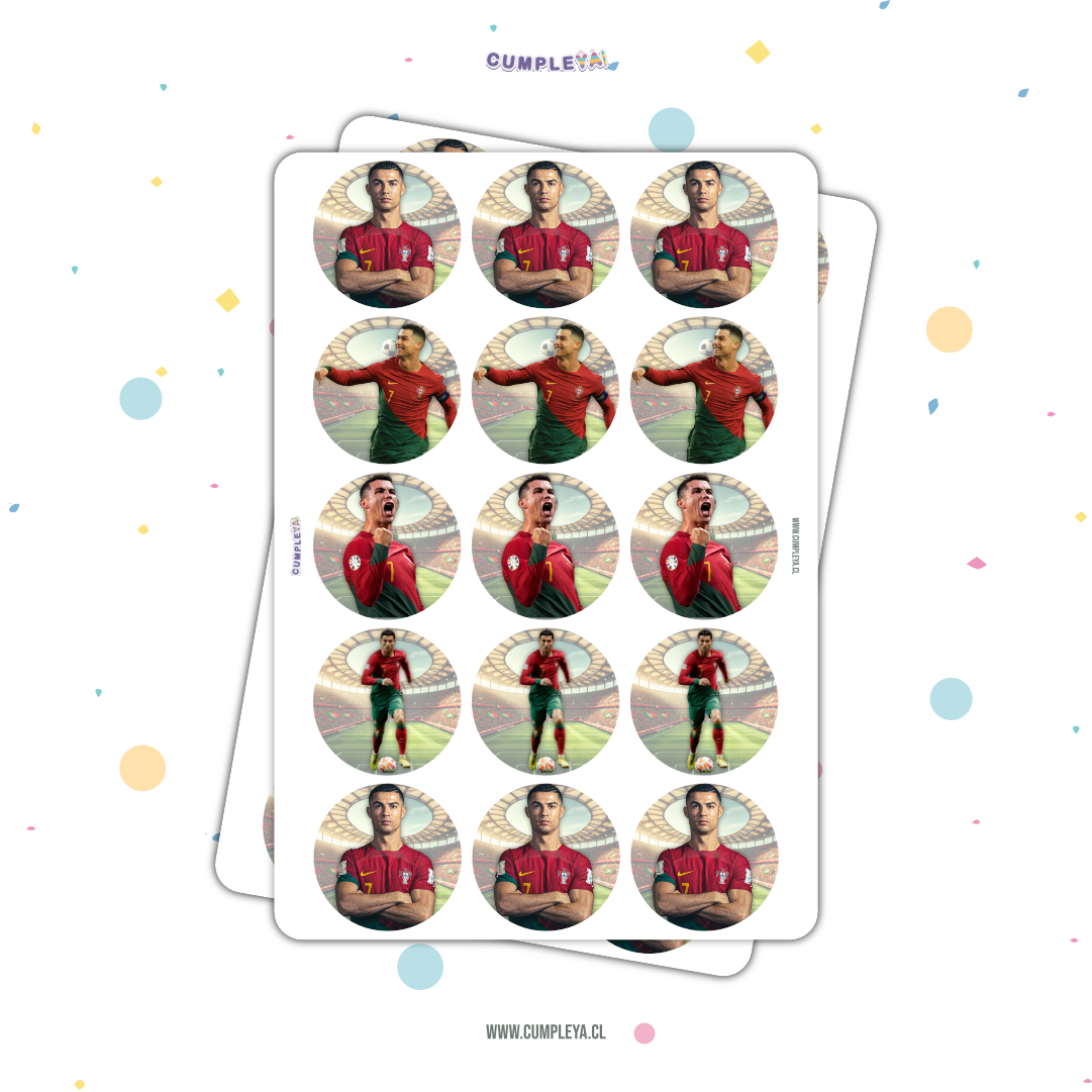 30 STICKER CIRCULARES 5 X 5 CM CRISTIANO RONALDO PORTUGAL