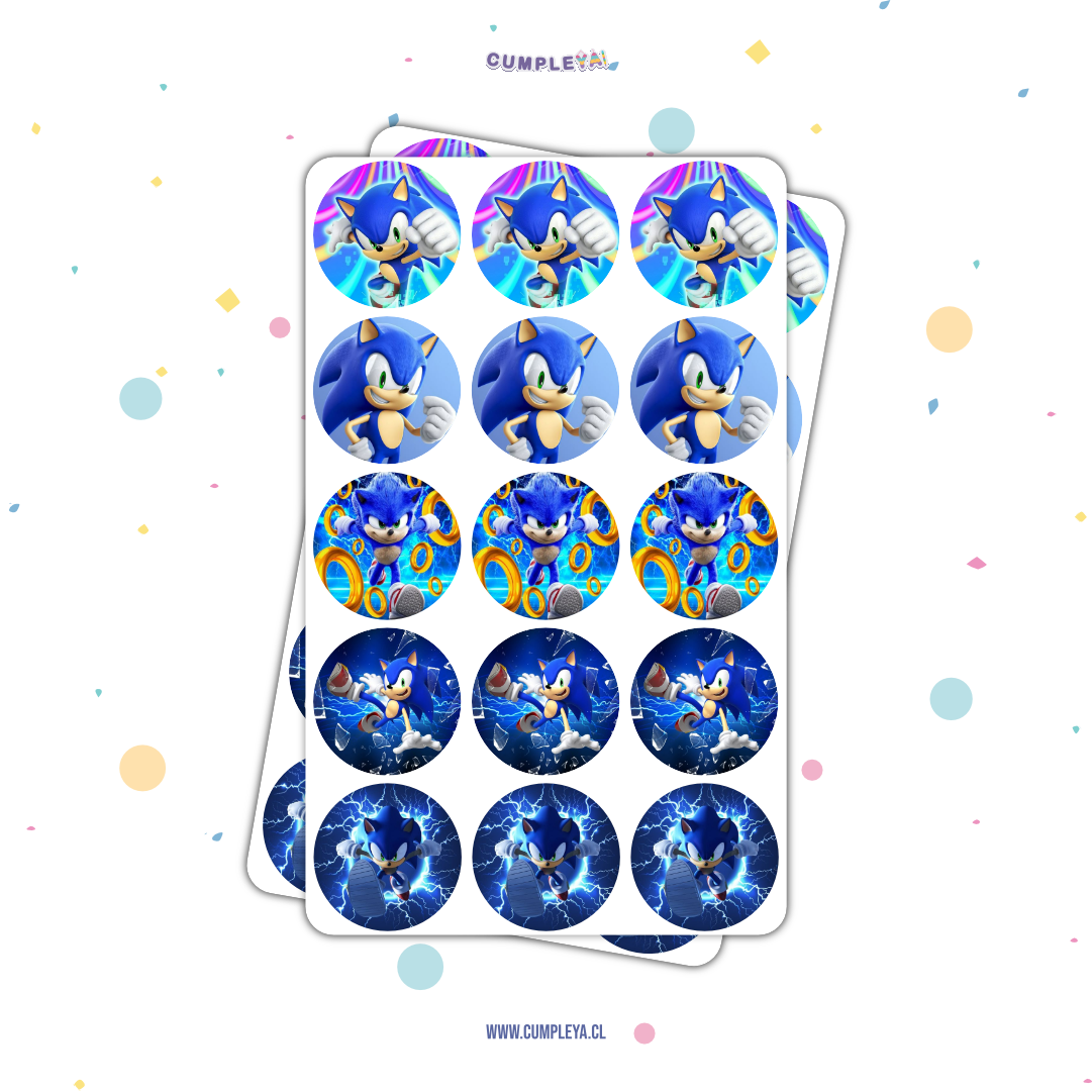 30 STICKER CIRCULARES 5 X 5 CM SONIC