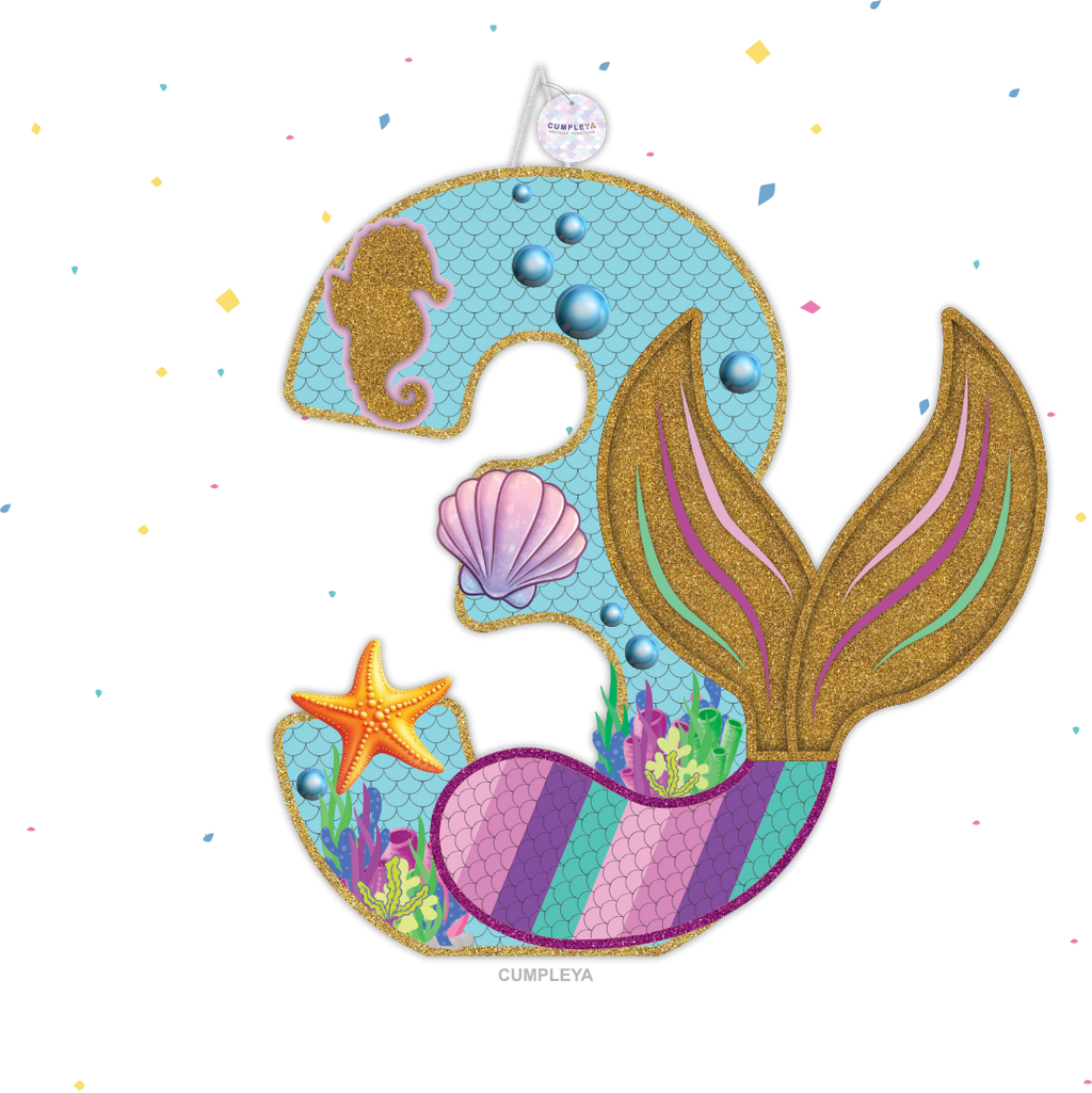 PIÑATA NUMERO 3 CON COLA DE SIRENA 60CM PREMIUM