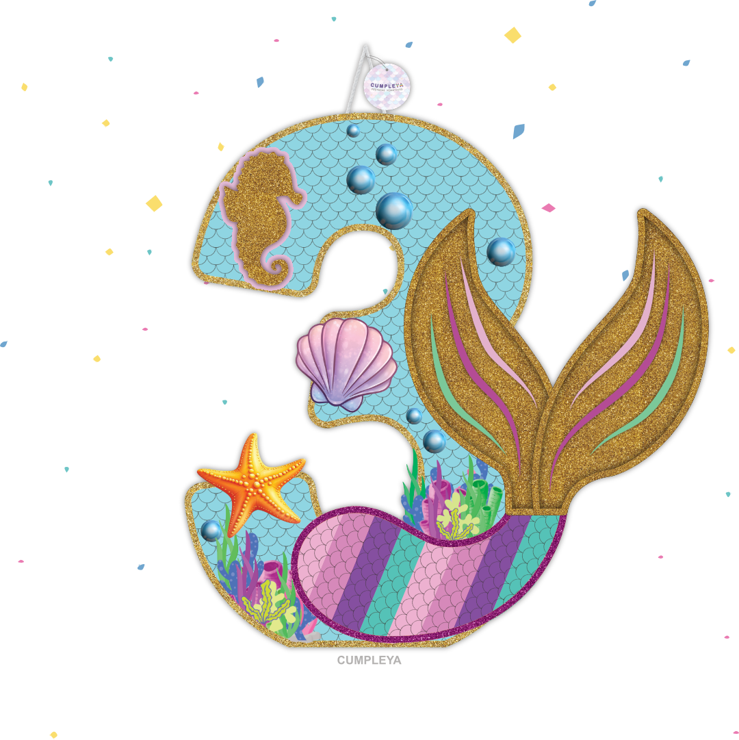 PIÑATA NUMERO 3 CON COLA DE SIRENA 60CM PREMIUM