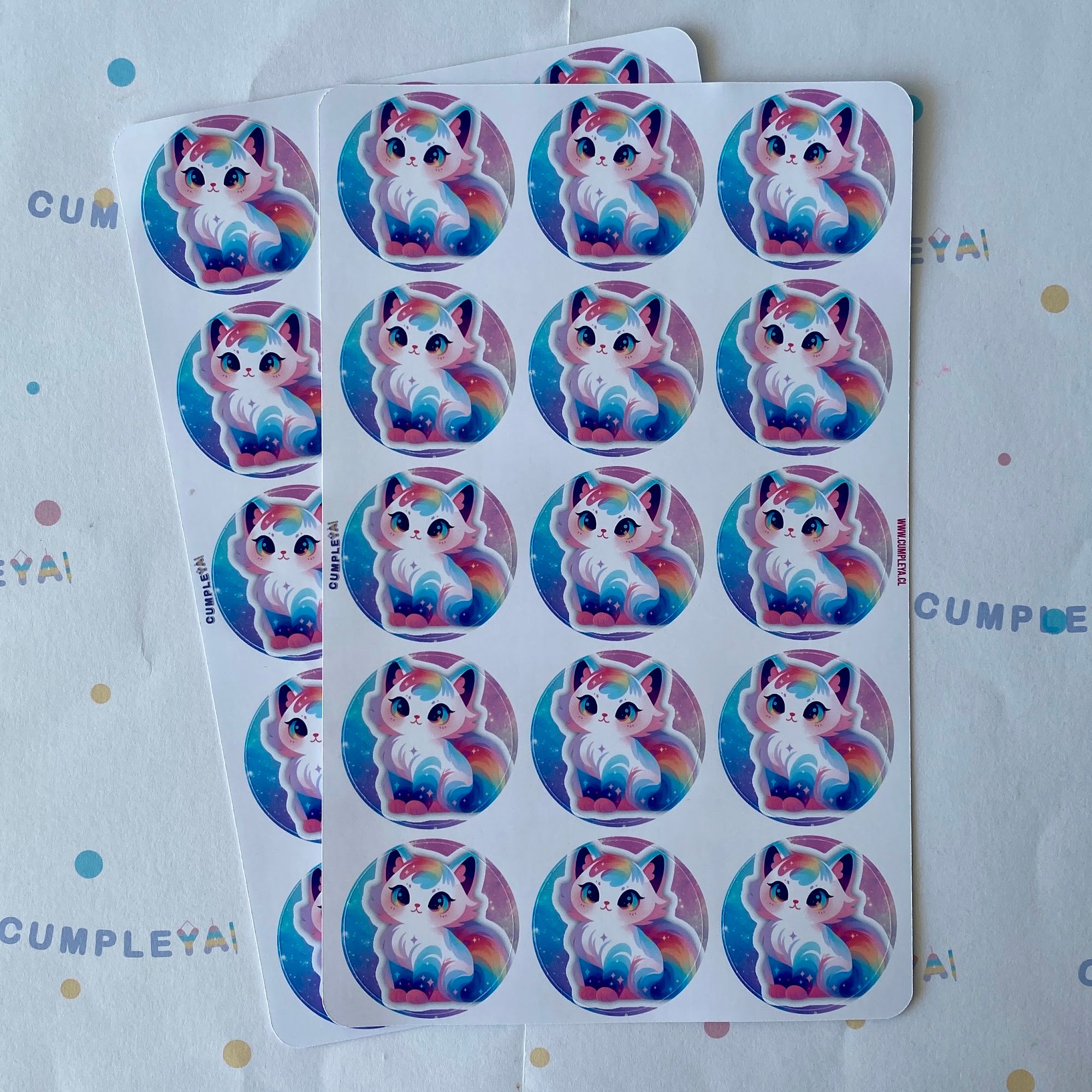 30 STICKER CIRCULARES 5 X 5 CM GATITO ARCOIRIS
