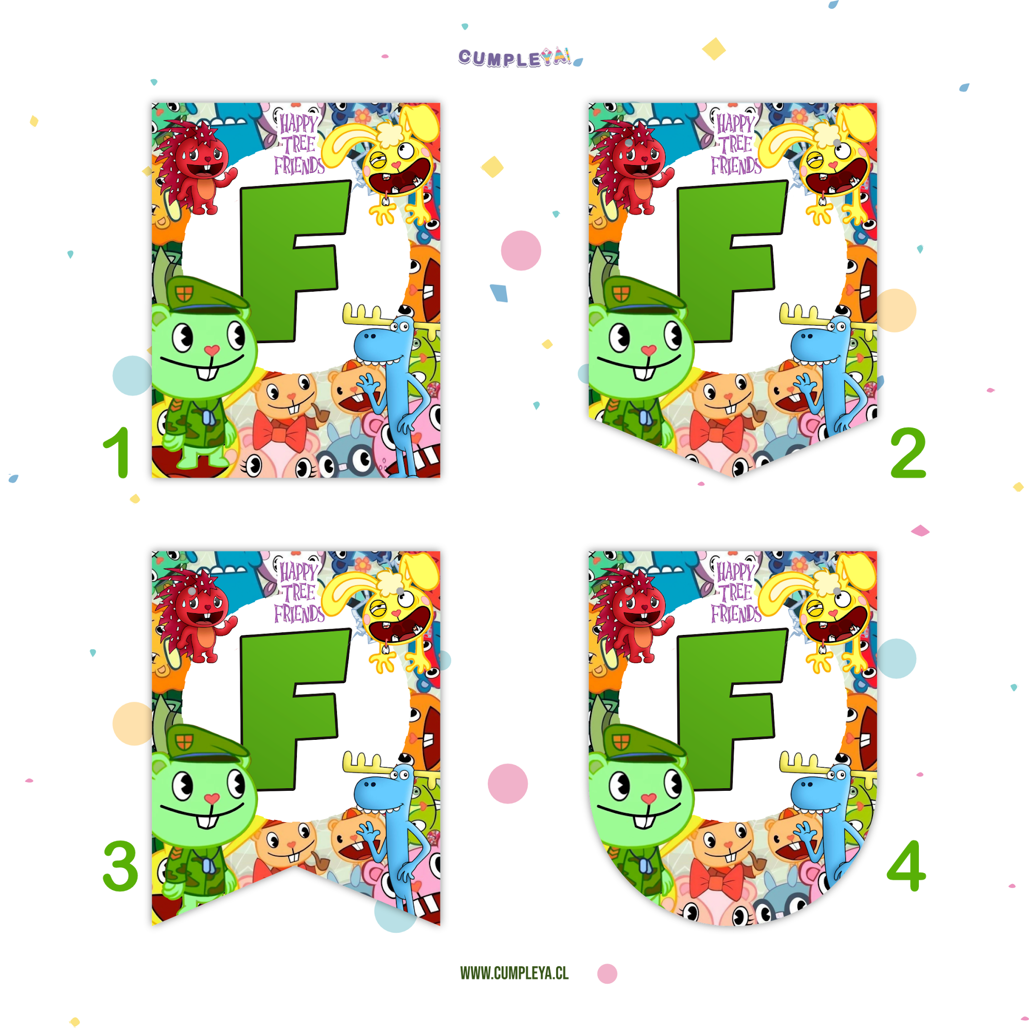 BANDERIN HAPPY TREE FRIENDS FELIZ CUMPLEAÑOS 11X14CM 15U