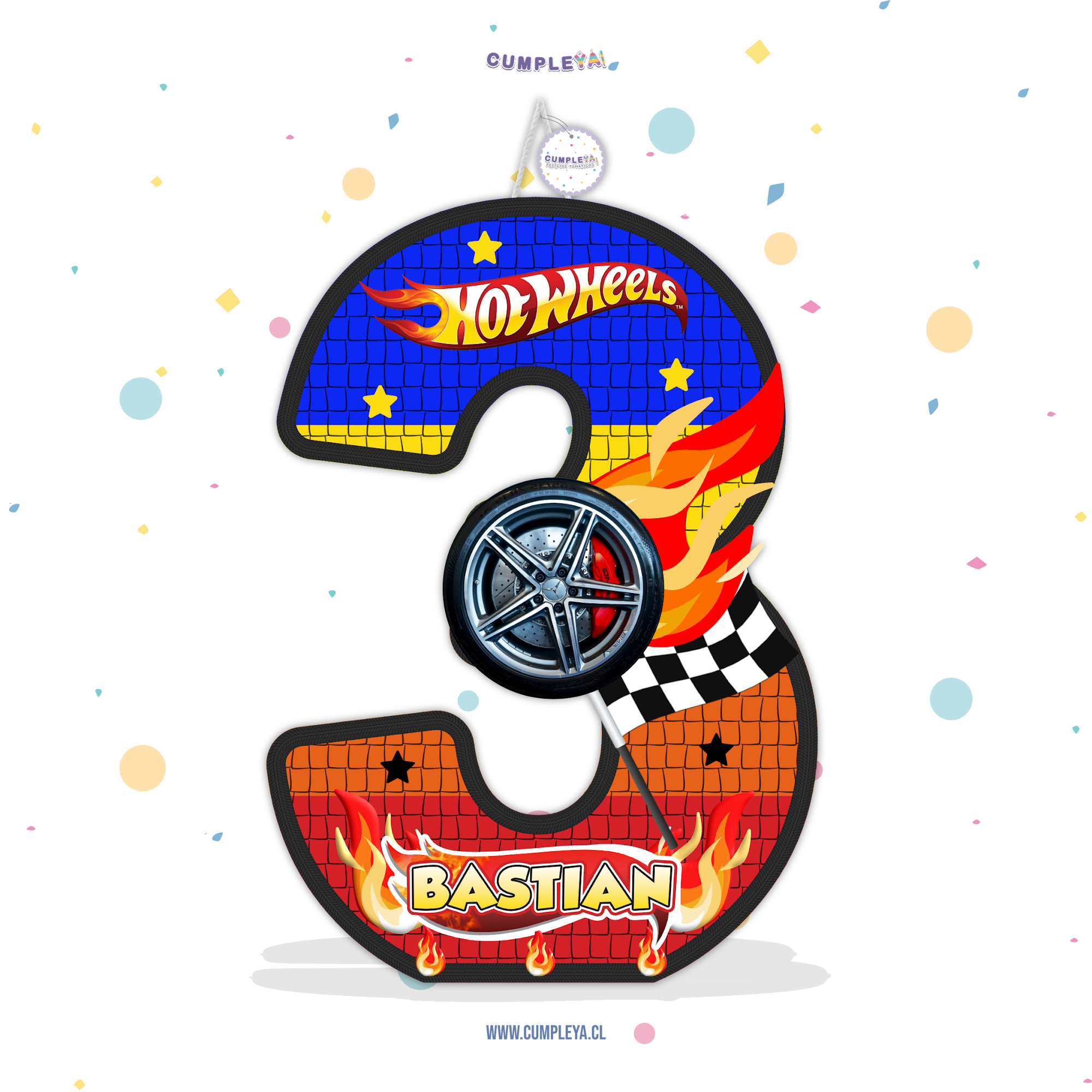 PIÑATA NUMERO 3 HOT WHEELS AZUL 40CM PREMIUM