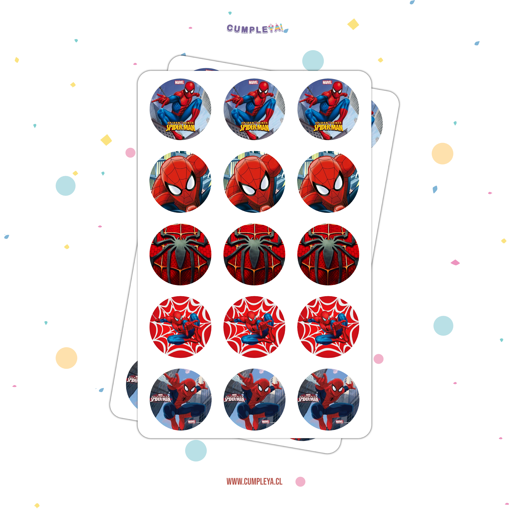 30 STICKER CIRCULARES 5 X 5 CM SPIDERMAN
