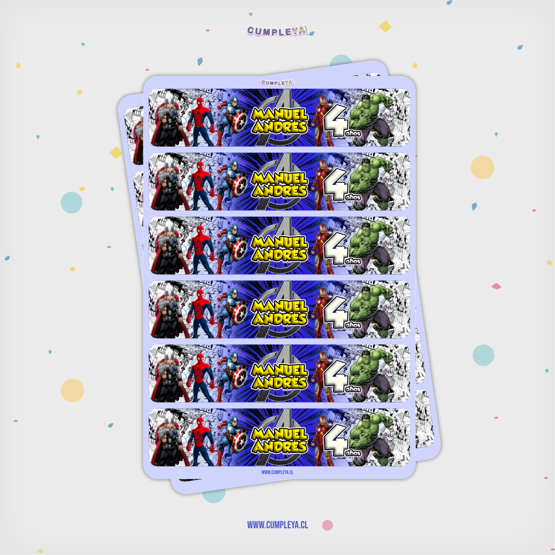 STICKER LOS VENGADORES PARA BOTELLA 250ML 18X3, 5CM SET 12U TEMÁTICO