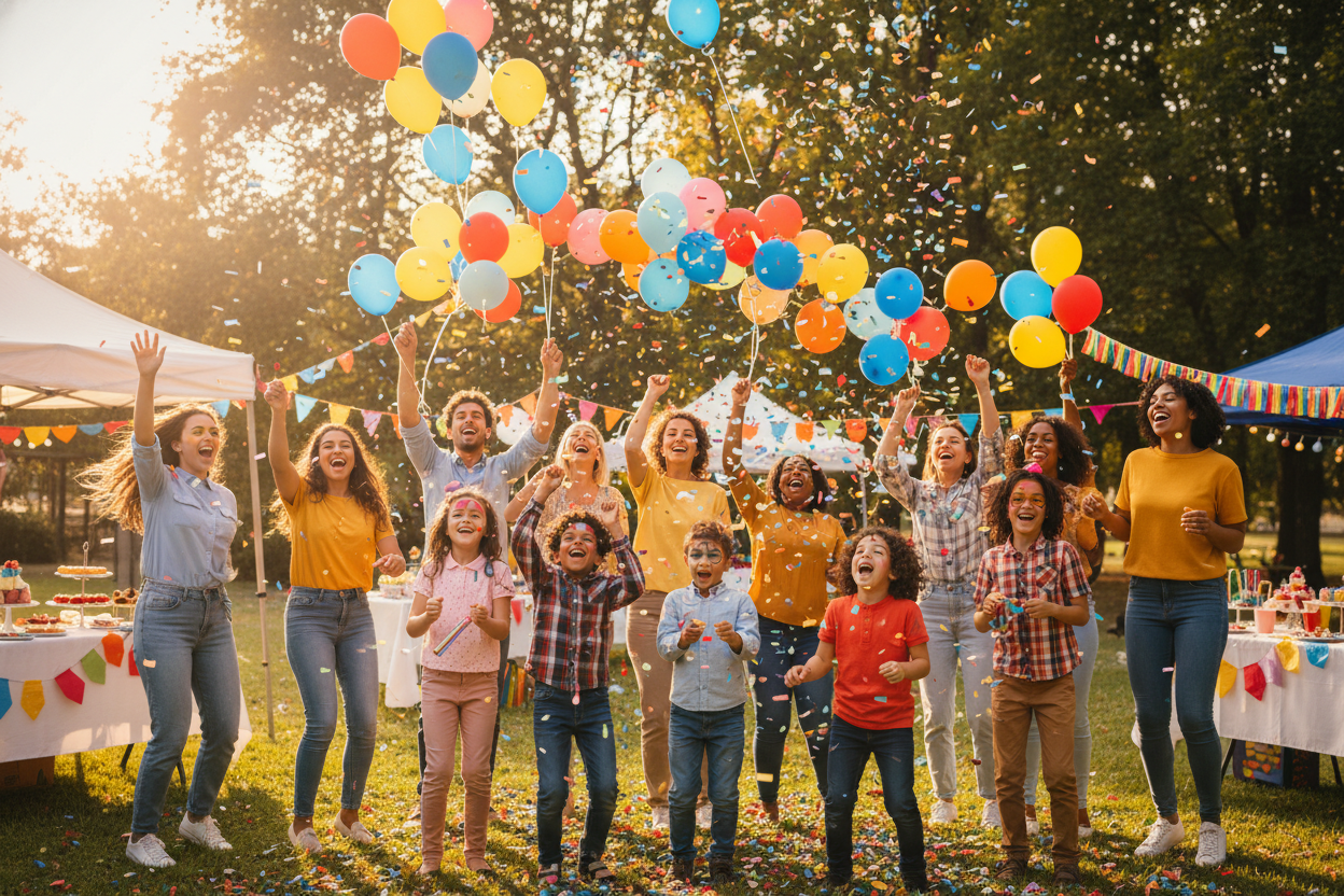 GENERA IMAGEN PARA ENCABEADO (. HORIZONTAL) QUE SE VEA NIÑOS Y ADULTOS CELBRANDO EN UNA FIESTA TODOS FELICES 